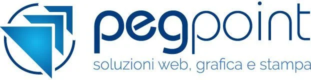Logo con frecce blu stilizzate che formano un cerchio sulla sinistra. A destra, il testo "pegpoint" è in minuscolo, grassetto, blu. Sotto, uno slogan blu più piccolo recita "soluzioni web, grafica e stampa.