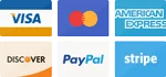 Immagine delle opzioni di pagamento che mostra i loghi di Visa, Mastercard, American Express, Discover, PayPal e Stripe, disposti su due file. Ogni logo è distinto, con i colori e il design del marchio aziendale, offrendo un'indicazione visiva dei metodi di pagamento accettati.