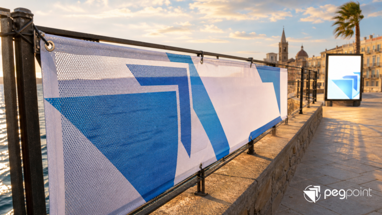 Banner mesh antivento con occhielli installato sul lungomare di Alghero
