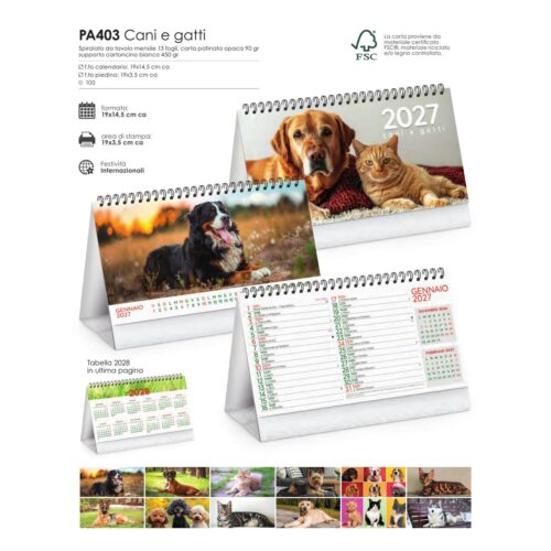 Calendario illustrato da tavolo personalizzato PA403 Cani e gatti 2027